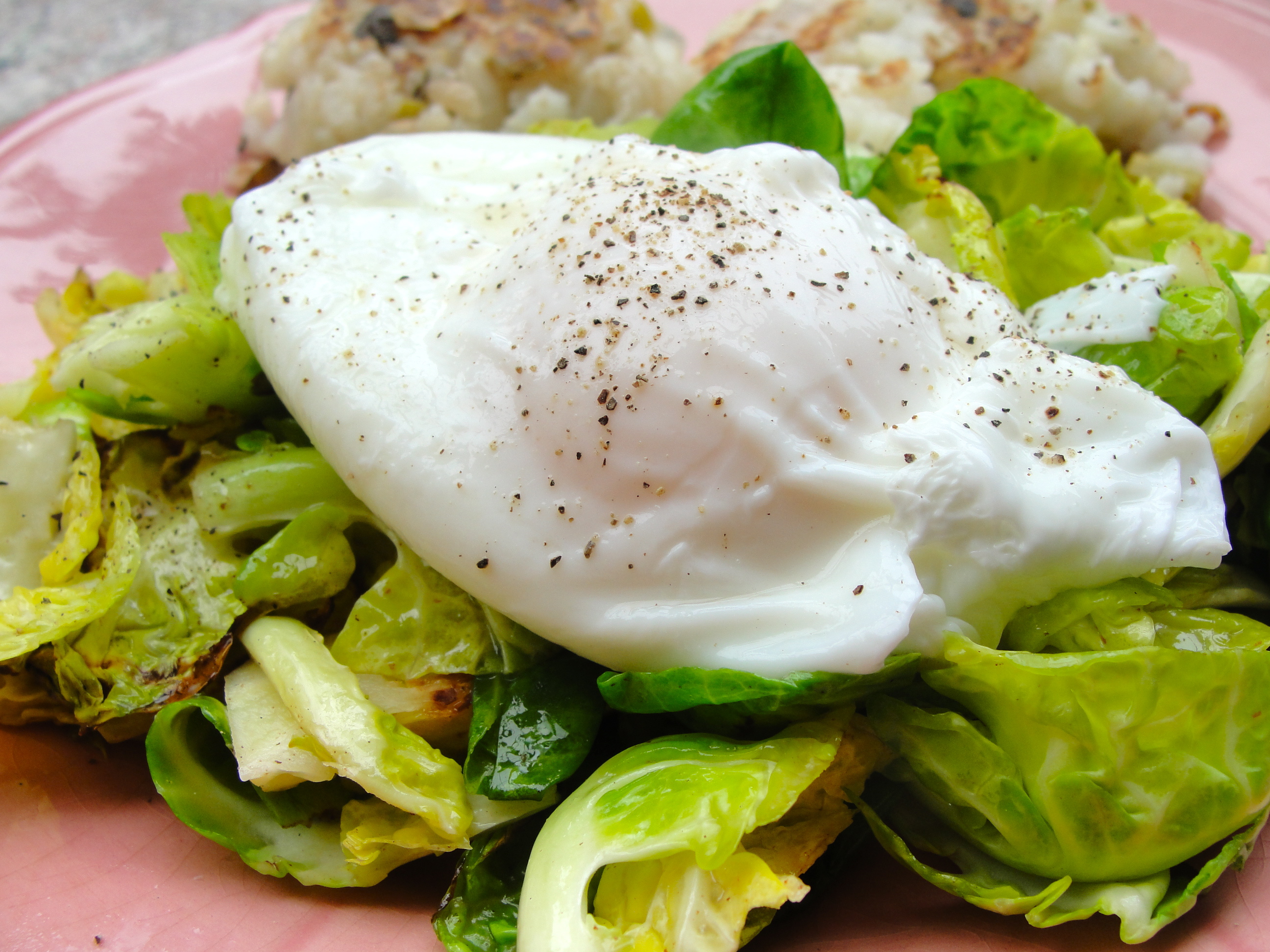 Low Sodium Brussel Sprout Salad with Poached Egg Dressing